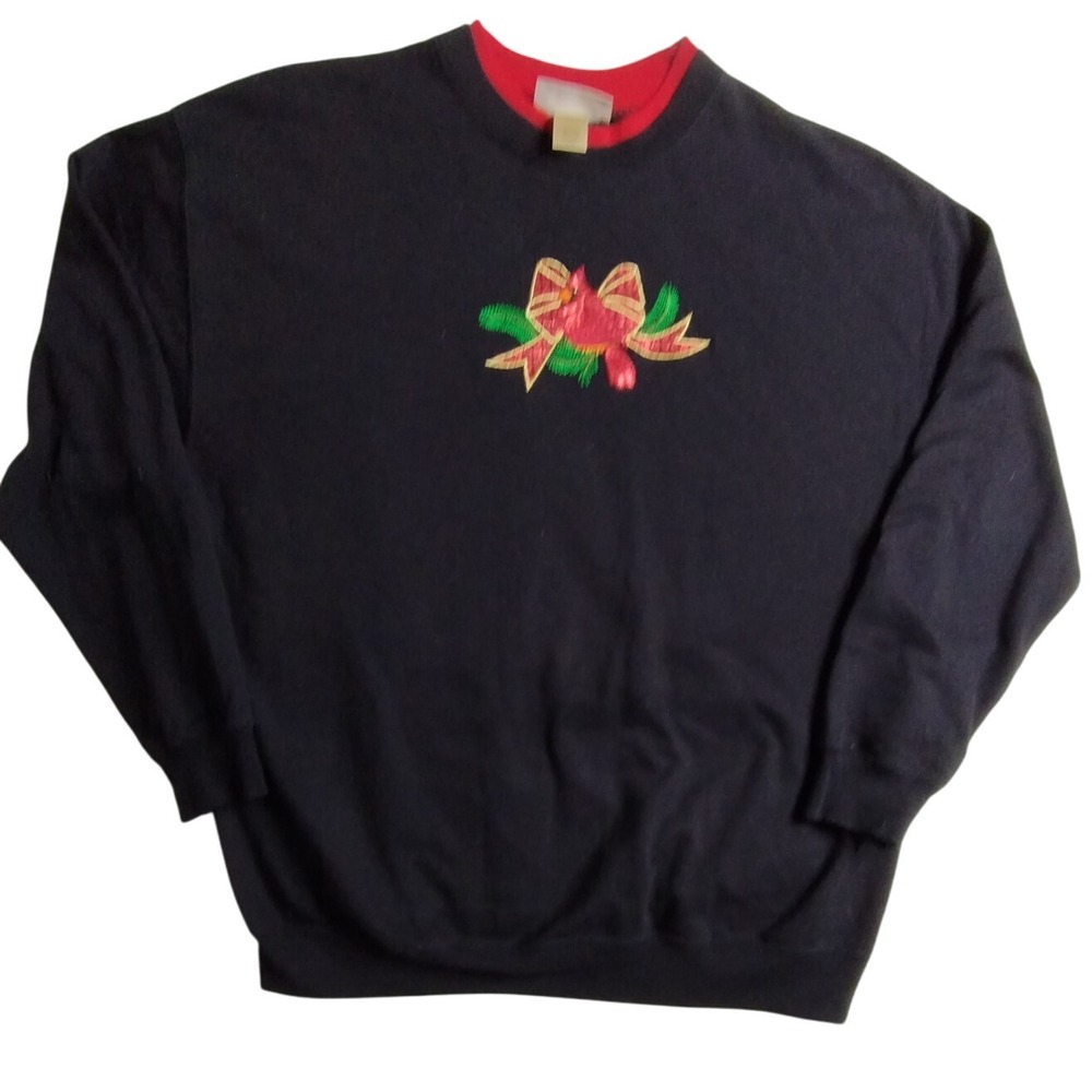 Vintage MC Sportswear Cardinal Bow Christmas Sweatshirt Black Red‎ Trim Size Lg